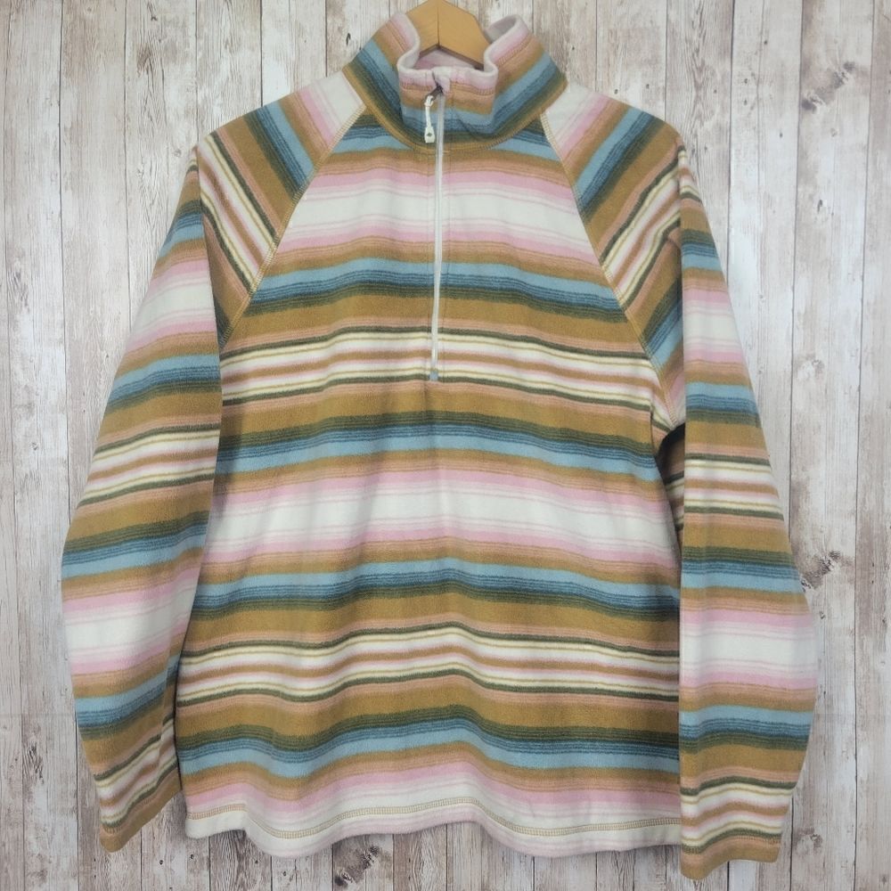 Eddie Bauer Fleece Quarter Zip Striped Pullover Sweater Pink Blue White Size XL